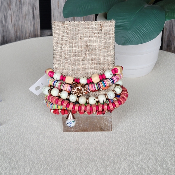 AVEC Colorful Red & Gold Tones Stretchy Beaded Bracelet Set of 7 - Picture 5 of 10